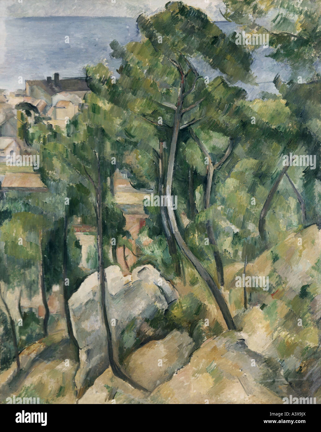 'fine arts, Cezanne, Paul, (1839 - 1906), painting, 'view at the sea near L` Estaque', State Gallery, Karlsruhe, historic, his Stock Photo